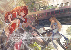  2girls blonde_hair building gun original paku red_hair sword thighhighs weapon 