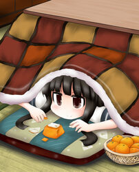  basket black_hair blue_sailor_collar blunt_bangs brown_eyes commentary_request female food fruit futon hatsuyuki_(kancolle) kantai_collection kotatsu long_hair lying mandarin_orange on_stomach ouno_(nounai_disintegration) playing_with_food sailor_collar school_uniform serafuku solo table tatami under_kotatsu under_the_table upper_body 