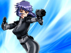  bodysuit breasts brown_eyes cleavage commentary_request dual_wielding female ghost_in_the_shell gun handgun holding holster impossible_clothes kusanagi_motoko large_breasts purple_eyes short_hair solo weapon yuusuke_(ziyasu) zipper 