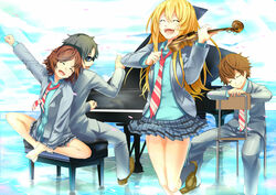  2boys 2girls arima_kousei bad_id bad_pixiv_id barefoot closed_eyes grand_piano indian_style instrument kurubu miyazono_kawori multiple_boys multiple_girls music necktie open_mouth piano piano_bench playing_instrument sawabe_tsubaki school_uniform shigatsu_wa_kimi_no_uso sitting sky smile standing violin watari_ryouta water 