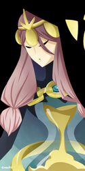  aeon_(skullgirls) closed_eyes commentary_request eggloaf female highres hood hourglass long_hair pink_hair skullgirls solo tiara twintails 