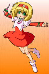  bad_id bad_pixiv_id bare_legs blonde_hair candy candy_cane circle_skirt cropped_jacket dai_mahou_touge dress female food full_body green_eyes headband holding holding_candy holding_candy_cane holding_food shoes short_hair simple_background smile solo tanaka_punie tea_(084630000) 