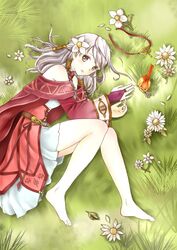  animal aplche bad_id bad_twitter_id bird derivative_work elbow_gloves female fire_emblem fire_emblem:_radiant_dawn gloves grass grey_hair long_hair looking_at_viewer lying micaiah_(fire_emblem) micaiah_(queen_of_dawn)_(fire_emblem) on_side outdoors purple_eyes solo 