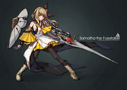  black_pantyhose blonde_hair boots character_name commentary_request detached_sleeves english_text engrish_text female hairband highres looking_at_viewer lowlight_kirilenko mechanical_arms pantyhose photoshop_(medium) polearm purple_eyes ranguage samatha_(terra_battle) shield single_mechanical_arm solo spear standing terra_battle weapon 