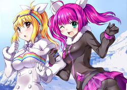  2girls ;d ass black_legwear blonde_hair blush brown_eyes bucchake_(asami) commentary_request gloves goggles green_eyes high_ponytail jacket long_hair marin_(umi_monogatari) multicolored_stripes multiple_girls one_eye_closed open_mouth pantyhose pink_hair pink_skirt plaid plaid_skirt ponytail rainbow skirt smile striped twintails umi_monogatari urin_(umi_monogatari) winter 