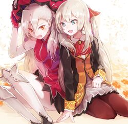  2girls alternate_costume alternate_hairstyle bad_id bad_twitter_id blue_eyes blush cosplay costume_switch dress fate/grand_order fate_(series) gloves hat inaeda_kei long_hair marie_antoinette_(fate) marie_antoinette_(fate)_(cosplay) multiple_girls name_connection olga_marie_animusphere olga_marie_animusphere_(cosplay) open_mouth pantyhose red_gloves red_hat side-by-side sleeveless smile twintails white_hair 