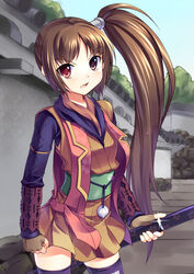  brown_eyes brown_hair bucchake_(asami) commentary_request female fingerless_gloves gloves heterochromia japanese_clothes left-handed long_hair onimusha onimusha:_dawn_of_dreams red_eyes side_ponytail skirt solo sword thighhighs vest weapon yagyuu_juubei_(dawn_of_dreams) 