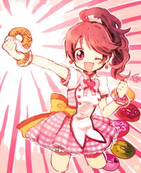  ;d bad_id bad_pixiv_id bow brown_hair doughnut dress earrings female food idolmaster idolmaster_cinderella_girls jewelry natsumi_(natumi06) one_eye_closed open_mouth pink_eyes plaid ponytail shiina_noriko smile solo thumbs_up wrist_cuffs 