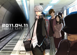  1boy arms_at_sides bag black_jacket black_pants blazer blurry brown_hair ceiling_light closed_mouth commentary_request covered_eyes crowd dated depth_of_field duffel_bag grey_hair hand_in_pocket hat hat_over_eyes jacket long_hair long_sleeves looking_at_viewer narukami_yuu no_eyes pants persona persona_4 photoshop_(medium) saeuchobab school_uniform shirt shoulder_bag skirt smile solo_focus standing stitches subway_station train_station untucked_shirt waiting white_hair white_shirt 