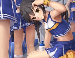  black_hair brown_eyes cheerleader cropped drink eto group kneehighs navel ponytail wet wristwear 