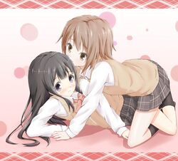  2girls arm_support black_hair black_legwear blush brown_eyes brown_hair commentary_request grey_eyes long_hair looking_back multiple_girls original school_uniform short_hair skirt smile socks sweatdrop sweater_vest yoruda 