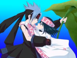  1boy ainu_clothes black_hair blue_hair commentary_request eye_contact female hayasaka_riku headband hug koropokkuru kororo kurobe_tamiko leaf_umbrella long_hair looking_at_another miko_embrace parody shaman_king short_hair straight usui_horokeu 