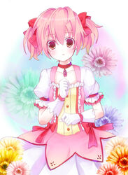  bad_id bad_pixiv_id bow choker ebicha female gloves hairbow kaname_madoka kaname_madoka_(magical_girl) magical_girl mahou_shoujo_madoka_magica mahou_shoujo_madoka_magica_(anime) photoshop_(medium) pink_eyes pink_hair puffy_sleeves red_choker short_twintails solo twintails white_gloves 