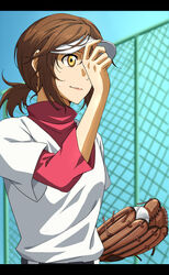  bad_id bad_pixiv_id baseball baseball_cap baseball_mitt baseball_uniform brown_hair chain-link_fence female fence hat kurohane letterboxed ponytail sawabe_tsubaki shigatsu_wa_kimi_no_uso short_hair softball solo sportswear sweat visor_cap yellow_eyes 