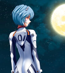  ayanami_rei blue_hair bodysuit commentary_request female moon neon_genesis_evangelion plugsuit red_eyes short_hair solo white_bodysuit yuusuke_(ziyasu) 