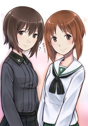  2girls bad_id bad_pixiv_id blush breasts brown_eyes brown_hair girls_und_panzer kuromorimine_school_uniform medium_breasts military military_uniform multiple_girls nishizumi_maho nishizumi_miho ooarai_school_uniform school_uniform serafuku short_hair siblings sisters skirt smile umasanjin uniform 