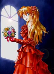  blue_eyes blush bouquet bride commentary_request dark_bride dress earrings elbow_gloves female flower gloves holding holding_bouquet jewelry kurotengu lens_flare long_hair neon_genesis_evangelion open_mouth purple_flower purple_rose red_dress red_flower red_hair red_rose rose solo souryuu_asuka_langley wedding_dress yellow_flower yellow_rose 