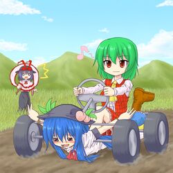  3girls =_= ^^^ ascot blue_hair blush boots car commentary_request driving drooling food fruit grass green_hair hat hinanawi_tenshi human_vehicle kazami_yuuka long_hair masochism motor_vehicle mountain multiple_girls musical_note nagae_iku nature no_nose o_o open_mouth outdoors peach plaid plaid_skirt plaid_vest purple_hair red_eyes saliva shimada_(simada_bu) short_hair sitting sitting_on_person skirt skirt_set steering_wheel sweatdrop tire touhou vest what 