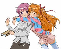  2girls amano_mishio book closed_eyes commentary_request hair_ribbon hug hug_from_behind kanon long_hair multiple_girls nisemon orange_hair overalls pink_hair purple_eyes ribbon sawatari_makoto short_hair thighhighs zettai_ryouiki 