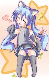  animal_ears blue_eyes blue_hair blush cat_ears cat_tail chibi closed_eyes commentary_request detached_sleeves female guunome hatsune_miku long_hair oerba_yun_fang panties pantyshot skirt solo tail thighhighs twintails underwear vocaloid 