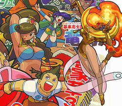  2boys 3girls :d angry anklet arm_up armband armlet armpits ayame_(power_stone) bandana bandeau barefoot bikini bikini_top_only blonde_hair blue_hair bracelet braid breasts brown_hair cleavage dark_skin dual_persona earrings edward_fokker everyone facial_hair feet fire flat_chest galuda gem goggles goggles_on_head green_hair gunrock hair_ornament hair_over_one_eye hairband harem_outfit japanese_clothes jewelry jumping kimono large_breasts leg_lift legs lipstick long_hair makeup moustache mouth_hold multiple_boys multiple_girls open_mouth outstretched_arms pasties pointing ponytail power_stone purple_eyes red_eyes rouge_(power_stone) ryouma_(power_stone) sash see-through shirt short_kimono sideboob single_braid smile spiked_hair spread_arms standing standing_on_one_leg swimsuit t-shirt teeth turtleneck very_long_hair wang-tang wristband 