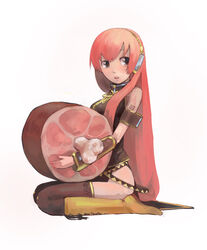  blush boned_meat boots commentary_request female food guitar_(guitars) headphones long_hair meat megurine_luka photoshop_(medium) pink_hair seiza sitting solo thighhighs very_long_hair vocaloid 