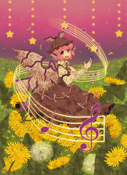  :d alternate_eye_color animal_ears beamed_eighth_notes bird_ears brown_dress brown_wings commentary_request dandelion dandelion_clock dress earrings eighth_note falling_feathers feathered_wings feathers female fingernails flower hand_on_own_chest hand_up hat highres jewelry juliet_sleeves long_sleeves looking_at_viewer looking_to_the_side music musical_note mystia_lorelei no_nose open_mouth ozawa pink_hair puffy_sleeves purple_nails quarter_note sharp_fingernails short_hair singing sixteenth_note sleeve_garter smile solo staff_(music) teeth touhou treble_clef upper_teeth_only very_long_fingernails winged_hat wings yellow_flower 