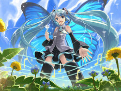  black_thighhighs blue_eyes blue_flower blue_hair blue_wings butterfly_wings commentary_request cowboy_shot dandelion dandelion_clock dandelion_seed female floating_hair flower from_below hand_up hatsune_miku holding holding_flower insect_wings k2pudding leaf long_hair musical_note panties pantyshot solo striped_clothes striped_panties thighhighs twintails underwear upskirt very_long_hair vocaloid wings yellow_flower zettai_ryouiki 