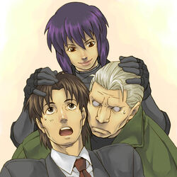  2boys artist_request batou_(gits) brown_eyes brown_hair coat female formal ghost_in_the_shell ghost_in_the_shell_stand_alone_complex gloves headpat kusanagi_motoko mullet multiple_boys necktie purple_hair short_hair smile suit togusa_(gits) trench_coat white_hair 