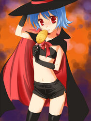  black_shorts black_thighhighs blue_hair bow bunny_(trickster) candy cape female flat_chest food gloves halloween hat licking lollipop midriff mofmof_(sousa) photoshop_(medium) red_eyes ribbon shaped_lollipop short_hair short_shorts shorts solo thighhighs trickster_(ntreev_soft) witch_hat 