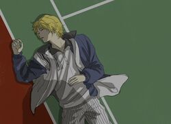  1boy bad_id bad_pixiv_id blonde_hair gym_uniform jacket lying male_focus sakatsuki sleeping solo tennis_no_ouji-sama 