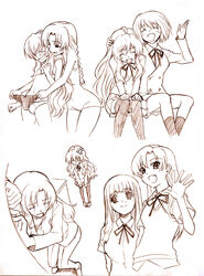  6+girls aisaka_taiga anger_vein angry bra brown_theme closed_eyes flat_chest kashii_nanako kawashima_ami kihara_maya koigakubo_yuri kushieda_minori lingerie long_hair marumi monochrome multiple_girls panties photoshop_(medium) sketch smile tears thighhighs toradora! traditional_media underwear 