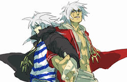  2boys bakura_ryou cape commentary_request cowboy_shot dark-skinned_male dark_skin long_sleeves looking_at_viewer male_focus midriff multiple_boys muscular navel photoshop_(medium) shirt simple_background spiked_hair stomach striped_clothes striped_shirt touzokuou_bakura tsuneko_(trauma) upper_body white_background white_hair yami_bakura yu-gi-oh! yu-gi-oh!_duel_monsters 