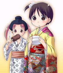  2girls boned_meat brown_eyes brown_hair commentary_request eating food hexagon ichigo_mashimaro itou_chika japanese_clothes kagami_mochi kimono matsuoka_miu meat multiple_girls natsukon one_side_up photoshop_(medium) ponytail shippou_(pattern) short_hair side_ponytail twintails yukata 