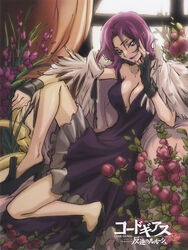  breasts cleavage code_geass cornelia_li_britannia dress female flower gimp_(medium) highres kimura_takahiro large_breasts lipstick long_legs makeup ookouchi_ricca purple_eyes purple_hair short_hair solo 