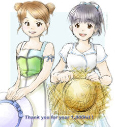  2girls :d armband bad_id bad_pixiv_id bare_shoulders bow brown_eyes brown_hair double_bun dress eyelashes flat_chest flower grey_hair hair_bun hairbow hat holding kago_ai looking_at_viewer lowres milestone_celebration morning_musume multiple_girls oerba_yun_fang open_mouth parted_bangs ponytail short_hair sketch smile standing straw_hat striped sun_hat sundress swept_bangs thank_you tsuji_nozomi uotoyo 