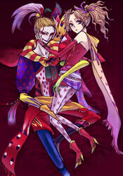  1boy bad_id bad_pixiv_id blonde_hair cape detached_sleeves dissidia_final_fantasy female final_fantasy final_fantasy_vi green_eyes kefka_palazzo long_hair makeup pantyhose ponytail purple_eyes sano_(merrymerry) terra_branford 