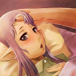  bed blush commentary_request elf elvaan female final_fantasy final_fantasy_xi hand_on_another&#039;s_head open_mouth photoshop_(medium) pillow pointy_ears portrait prishe purple_eyes purple_hair sick solo_focus sweat tara_baka_ni under_covers 