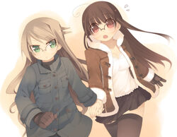  2girls :&lt; ahoge arima_senka arima_senne bad_id bad_pixiv_id brown_eyes brown_hair coat flying_sweatdrops glasses gloves green_eyes holding_hands kashiwamochi_yomogi long_hair multiple_girls original photoshop_(medium) siblings sisters skirt thighhighs zettai_ryouiki 