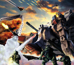  3boys arm_shield assault_visor bad_id bad_pixiv_id bazooka_(gundam) building cannon cloud cloudy_sky explosion gm_(mobile_suit) green_visor ground_gm ground_gundam gun gundam gundam_08th_ms_team holding holding_gun holding_weapon machine_gun mecha multiple_boys robot science_fiction sky smoke twinbell weapon 