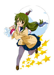  clannad commentary_request female green_hair hat hikarizaka_private_high_school_uniform ibuki_fuuko long_hair nisemon pantyhose party_hat sack school_uniform solo yellow_eyes 