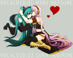  2girls aqua_eyes aqua_hair aqua_nails blue_nails commentary_request hatsune_miku inoue_mikuni kissing kissing_cheek kneeling long_hair megurine_luka multiple_girls nail_polish one_eye_closed partial_commentary pink_hair sitting skirt thighhighs very_long_hair vocaloid yuri 