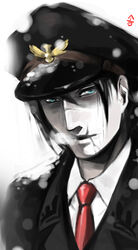  1boy black_hair blue_eyes commentary_request hat male_focus military necktie peaked_cap photoshop_(medium) scar scar_on_face scar_on_mouth sergei_dragunov snow solo som tekken 