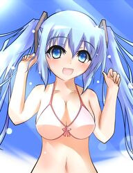  :d arms_up bikini blue_eyes blue_hair breasts commentary_request day female guunome hatsune_miku long_hair medium_breasts open_mouth smile solo string_bikini sunlight swimsuit twintails vocaloid 