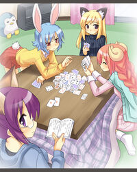  4girls animal_ears artist_request bird blonde_hair blue_hair blush book braid bunny_(trickster) card cat_(trickster) cat_ears closed_eyes fox_(trickster) fox_ears glasses holding holding_card horns long_hair looking_back multiple_girls pajamas penguin pink_hair purple_eyes purple_hair rabbit_ears rabbit_tail red_eyes sheep_(trickster) sheep_ears short_hair skirt sweater tail trickster_(ntreev_soft) twin_braids 