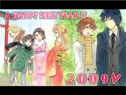  2009 2girls 4boys androgynous bad_id bad_pixiv_id blonde_hair blue_hair bob_cut brown_hair endou_izuna endou_shizuna glasses hayase_kouichi im_(inuboe) japanese_clothes kimono kujou_miu kurogane_no_linebarrel long_hair moritsugu_reiji multiple_boys multiple_girls new_year obi obiage reverse_trap sash scarf short_hair siblings tomboy twins yamashita_satoru 