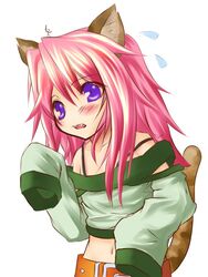  animal_ears belt blush cat_(trickster) cat_ears cat_tail commentary_request detached_sleeves female long_hair midriff navel oerba_yun_fang open_mouth pink_hair purple_eyes solo sweat tail trickster_(ntreev_soft) tsuukounin_(pixiv_39749) 