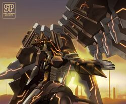  anubis_(z.o.e.) commentary_request evening mecha neon_trim no_humans orbital_frame_(zone_of_the_enders) robot shiba_tomori solo sunset super_robot wings zone_of_the_enders 