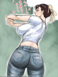  ass back black_eyes black_hair blush breasts bun_cover casual chun-li cowboy_shot curvy denim double_bun female from_behind hair_bun huge_ass jeans large_breasts miyabi_tsuzuru music own_hands_clasped own_hands_together pants profile shirt short_hair sideboob singing sketch smile solo standing street_fighter stretching t-shirt translated 