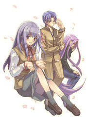  1boy 2girls bad_id bad_pixiv_id brother_and_sister fate/stay_night fate_(series) homurahara_academy_school_uniform long_hair matou_sakura matou_shinji medusa_(fate) medusa_(rider)_(fate) multiple_girls nama_(tadpole) school_uniform short_hair siblings uniform wavy_hair 